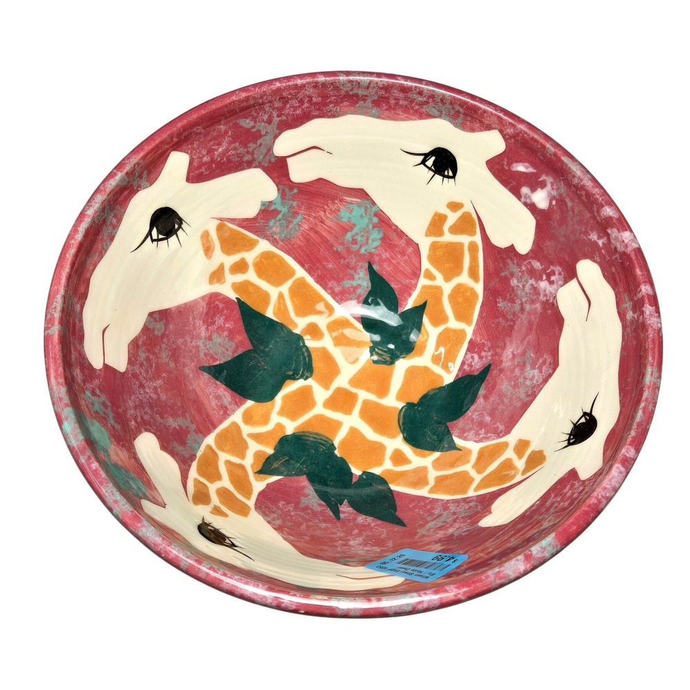 Large Hand Painted Giraffe‎ Ceramic Art Pottery Serving Bowl Eclectic Kitch